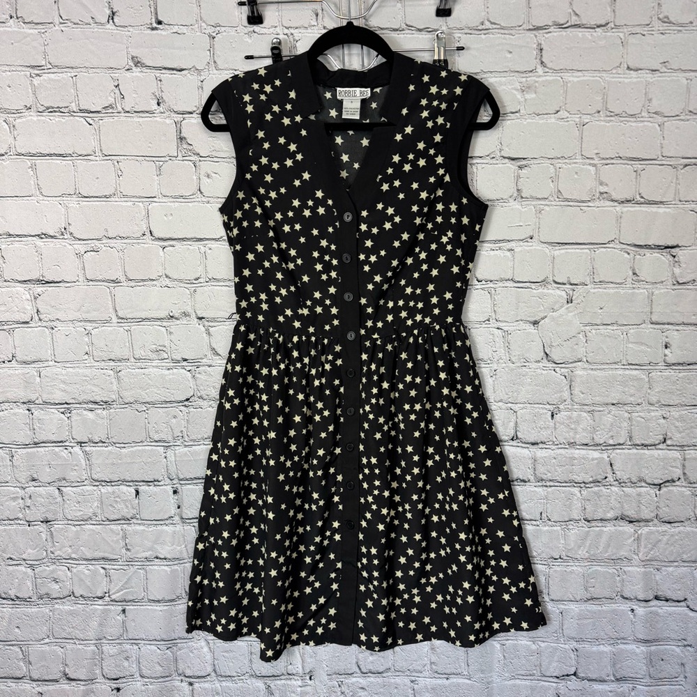 Robbie Bee Vintage 90s Y2K Black Starry Sleeveless A-Line Mini Dress Size Small